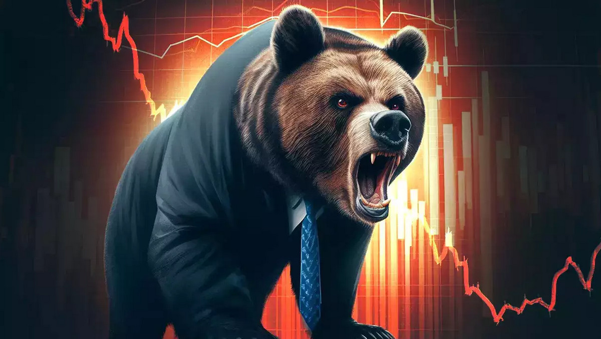 Bear fall of stock markets and stock exchanges in business clothes